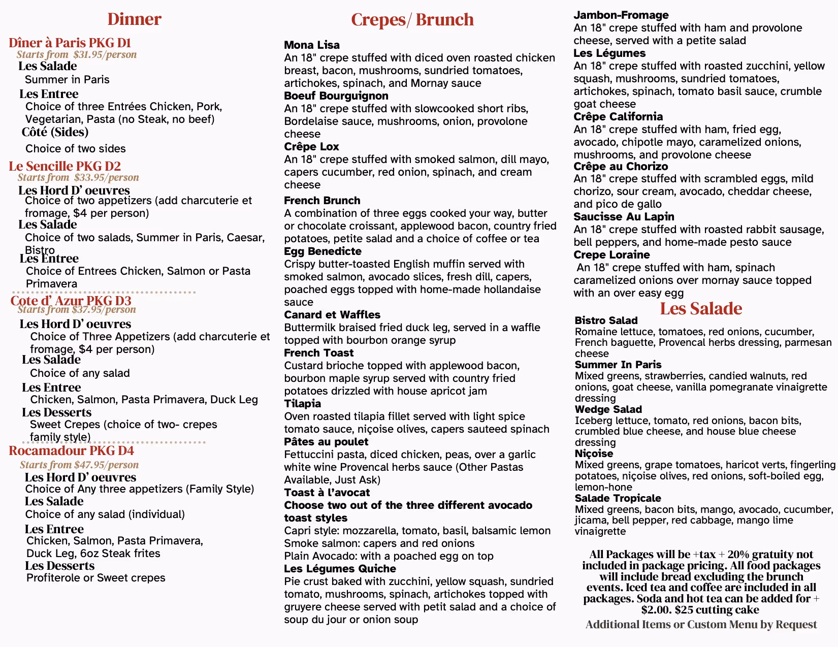 Menu displaying Dinner packages with choices of salads, entrees, sides, and desserts; Crepes and Brunch options including various stuffed crepes and egg dishes; and a section on salads with detailed descriptions.