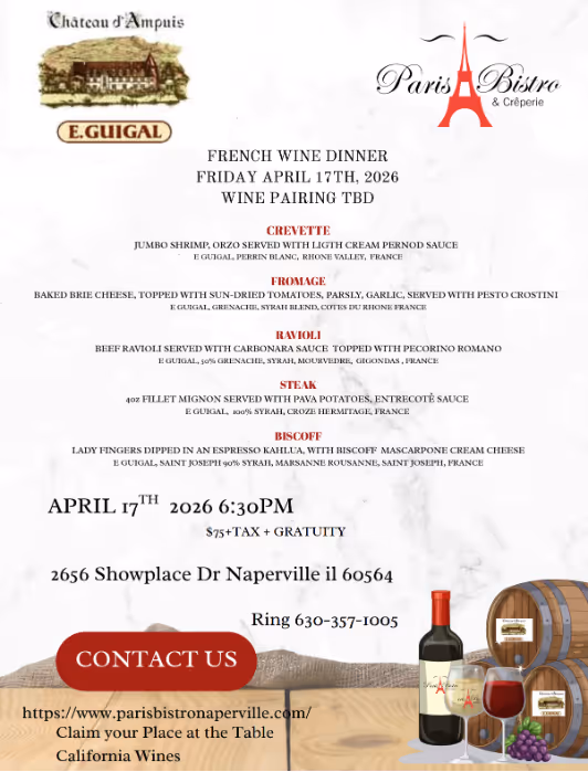 Paris Bistro French Wine Dinner menu for April 17th, 2026, featuring shrimp, cheese, ravioli, steak, and biscoff dishes paired with E. Guigal wines, with contact and location details.