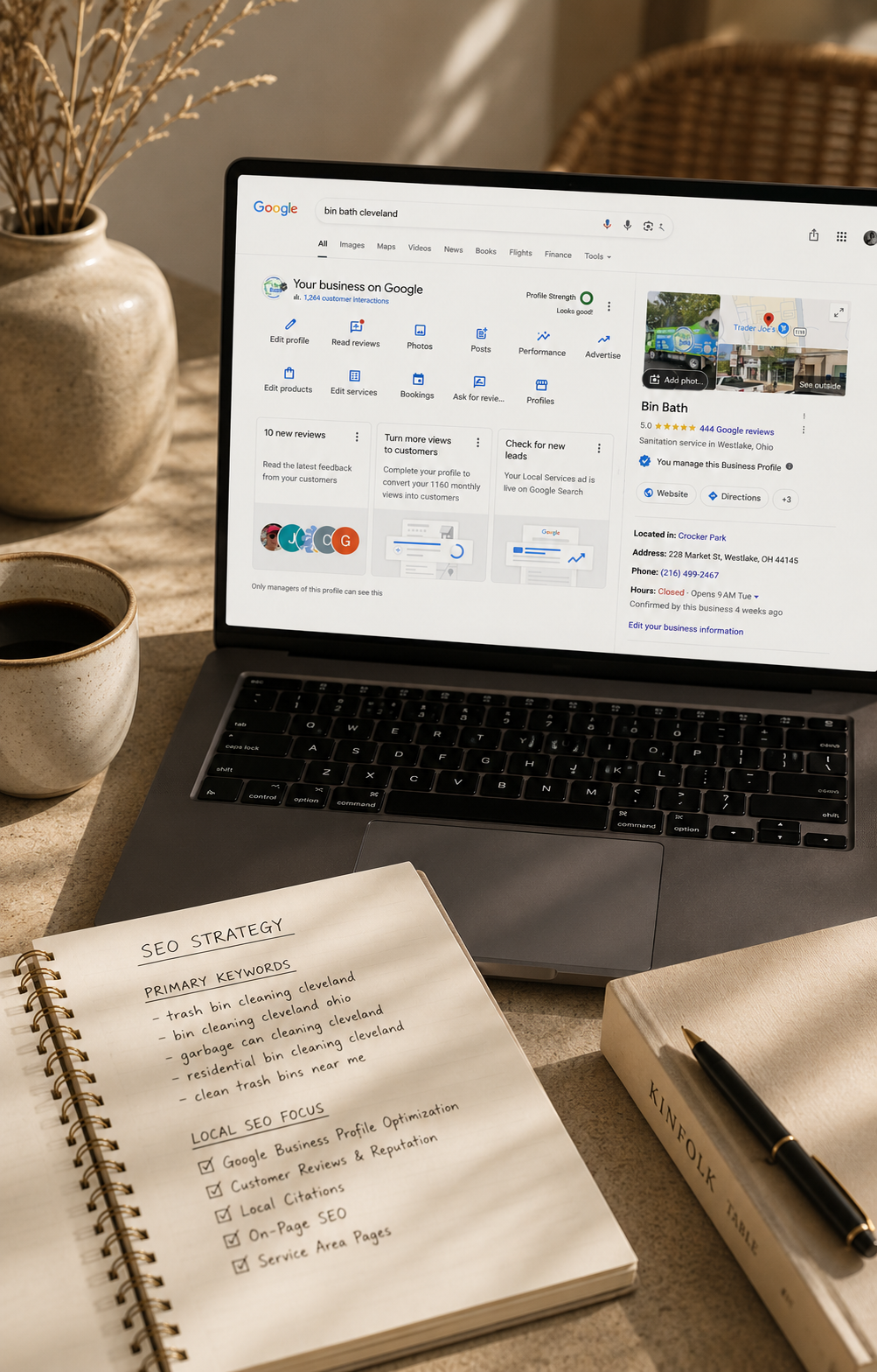 Laptop displays Google business profile for Bin Bath, next to a notebook with SEO strategy notes and a cup of coffee.