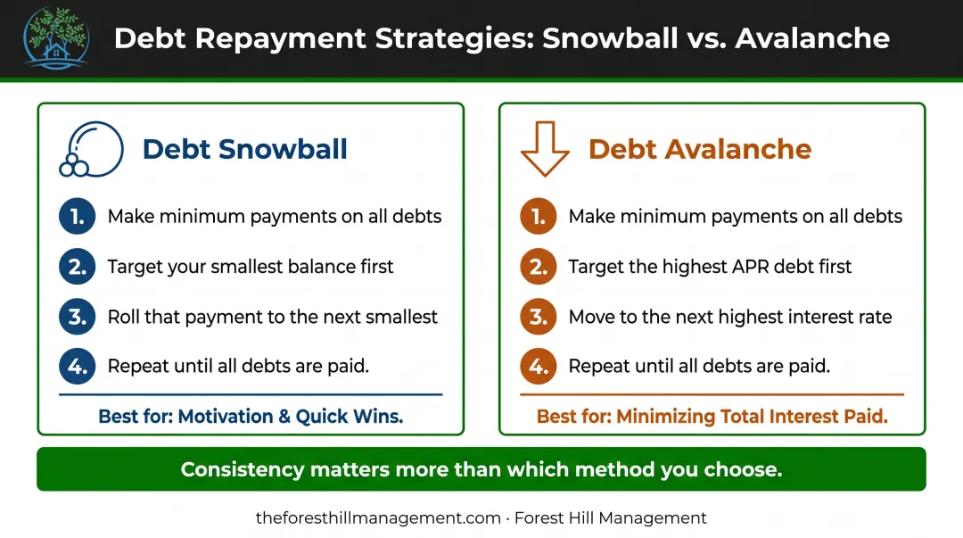 Debt snowball versus debt avalanche repayment method side-by-side comparison infographic