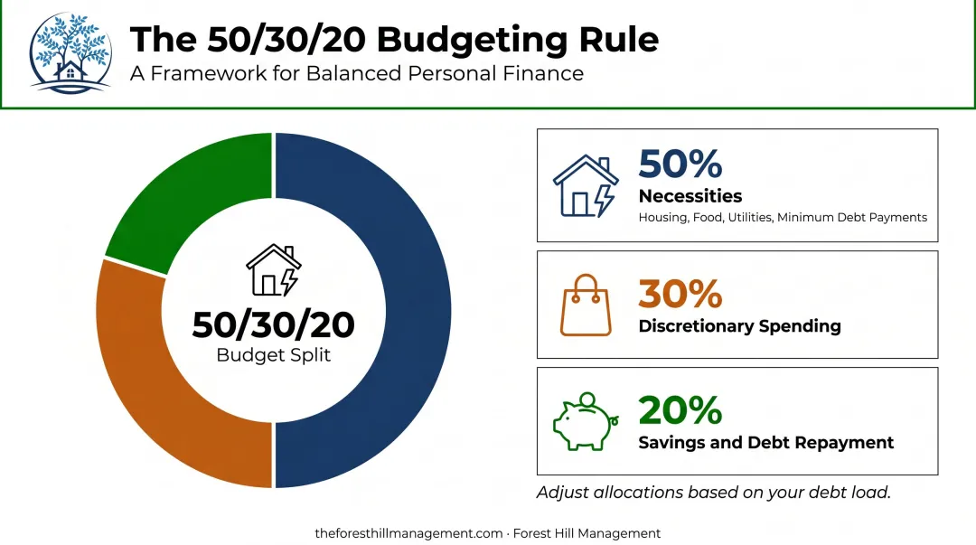 50/30/20 budget rule breakdown infographic showing income allocation percentages