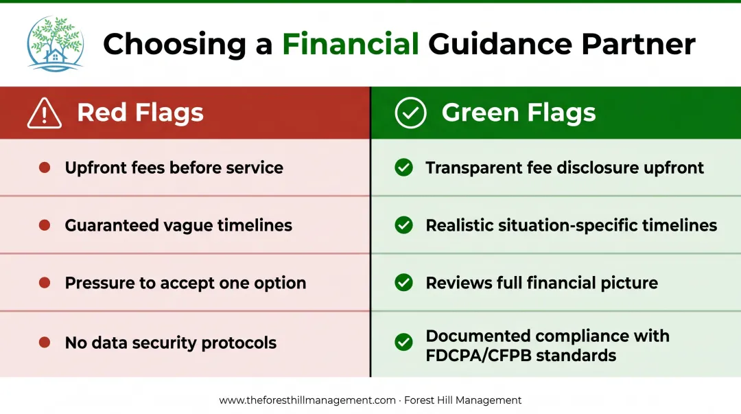 Financial guidance partner red flags versus green flags side-by-side comparison chart
