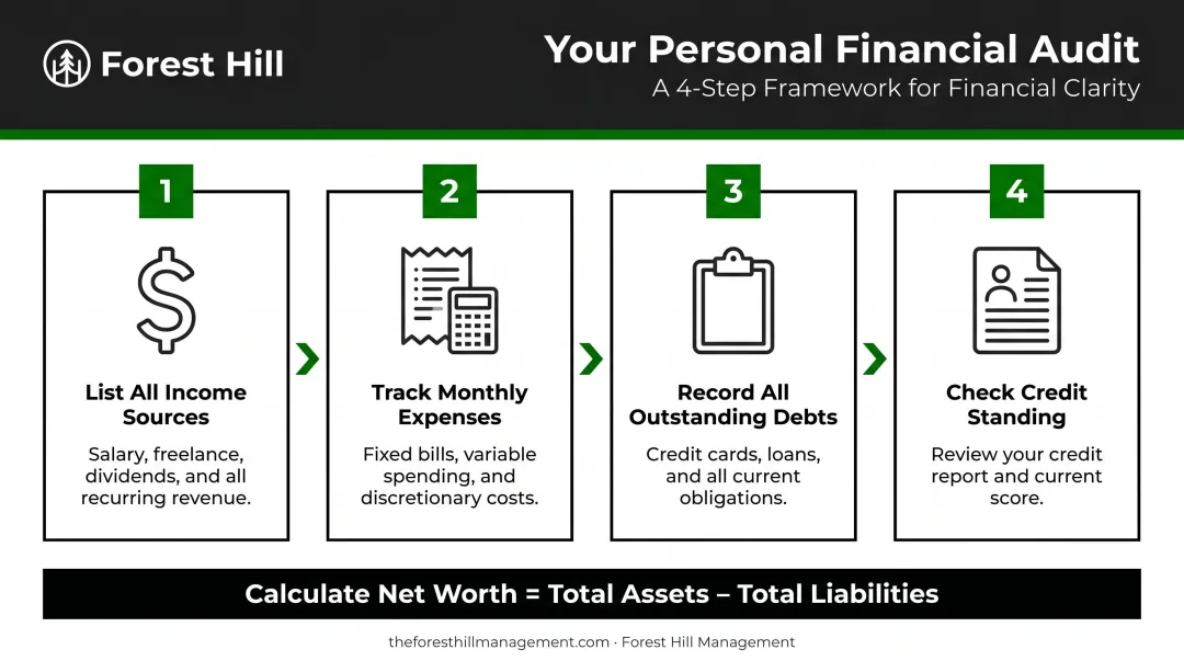 4-step personal financial audit process for calculating net worth and debt