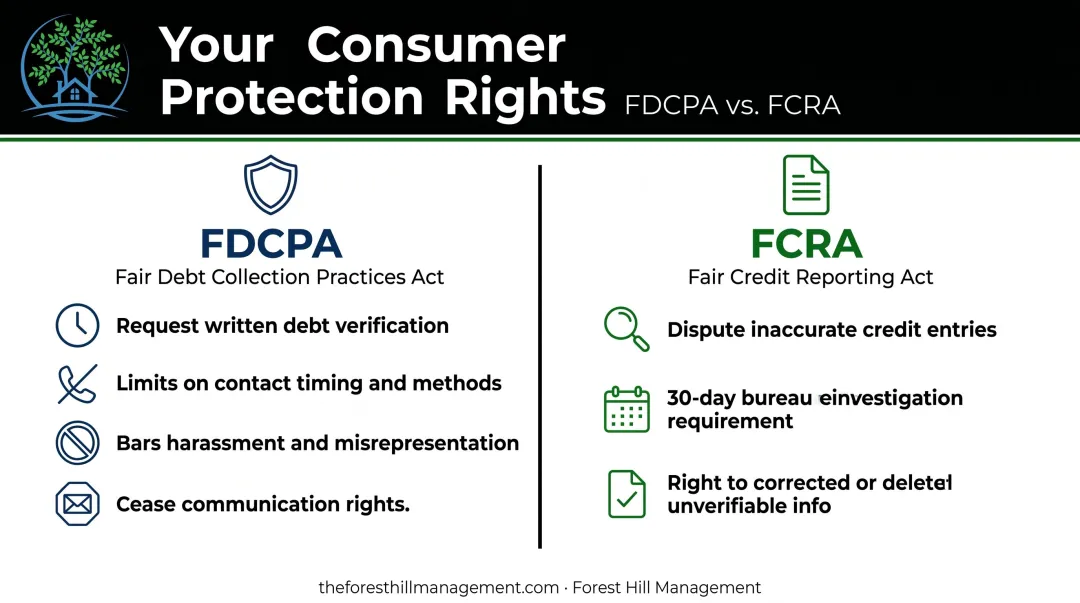 FDCPA versus FCRA consumer debt protection rights side-by-side comparison infographic