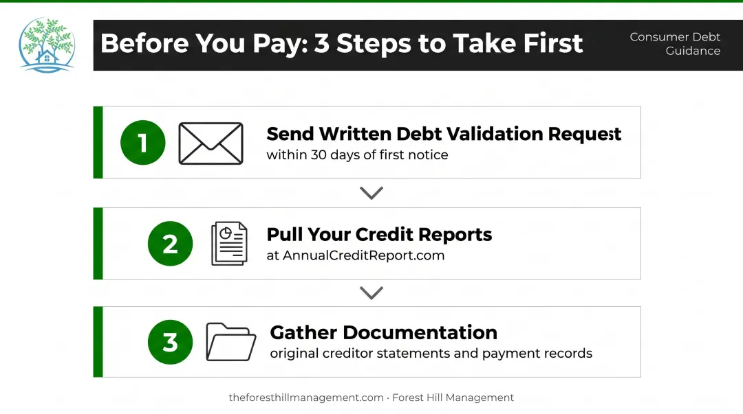 Three-step debt resolution preparation process before contacting Forest Hill Management