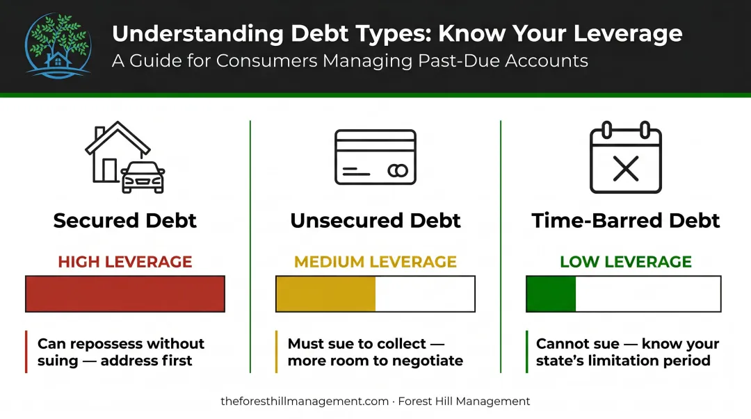 Debt type comparison chart showing collector leverage for secured unsecured and time-barred debts