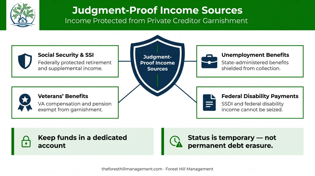Protected income sources exempt from debt collector garnishment infographic