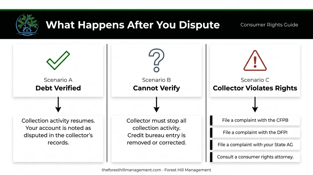 Three debt dispute outcome scenarios from verification to collector violations infographic