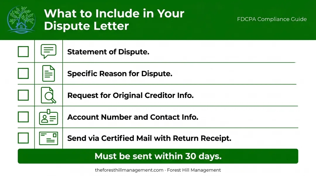 5-element debt dispute letter checklist with certified mail instructions