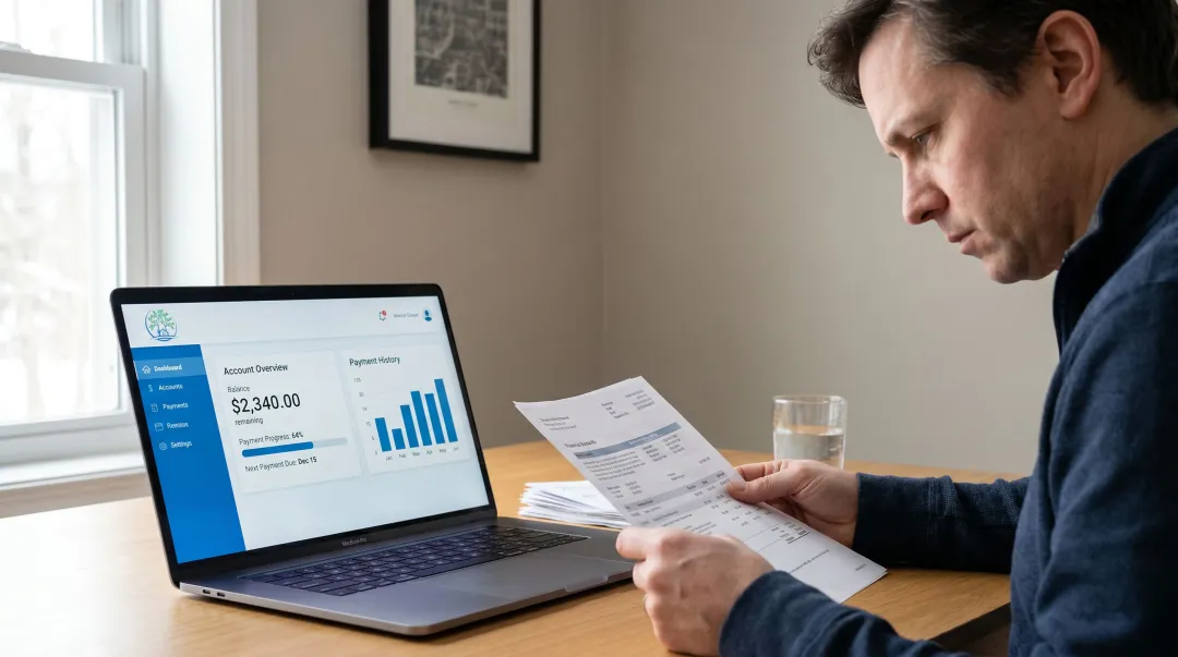 Person reviewing 401k contribution documents and emergency savings plan at desk