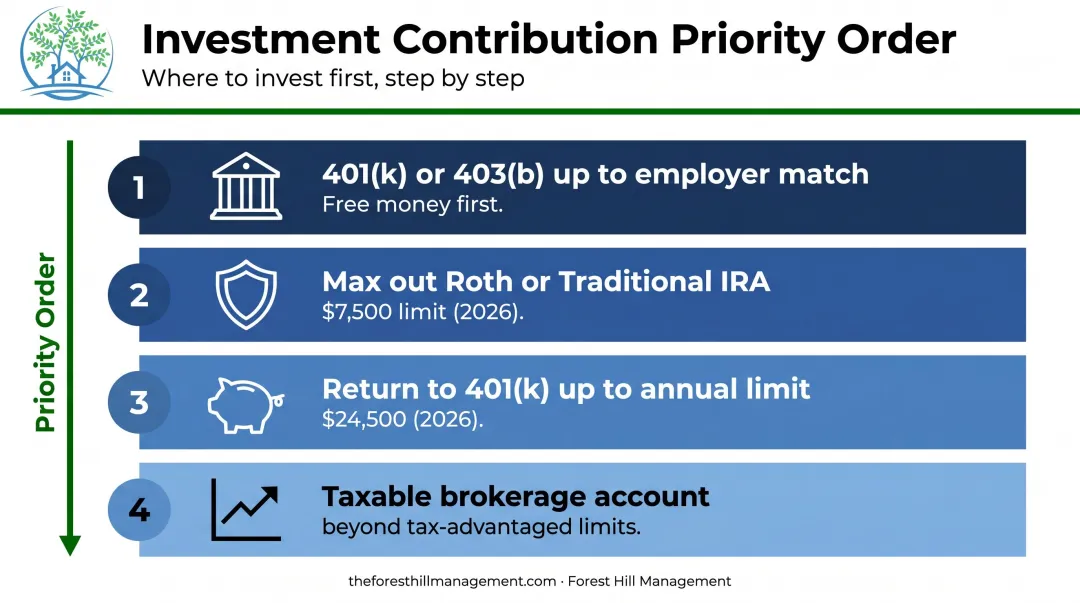 Four-step tax-advantaged investment account priority stack for wealth building
