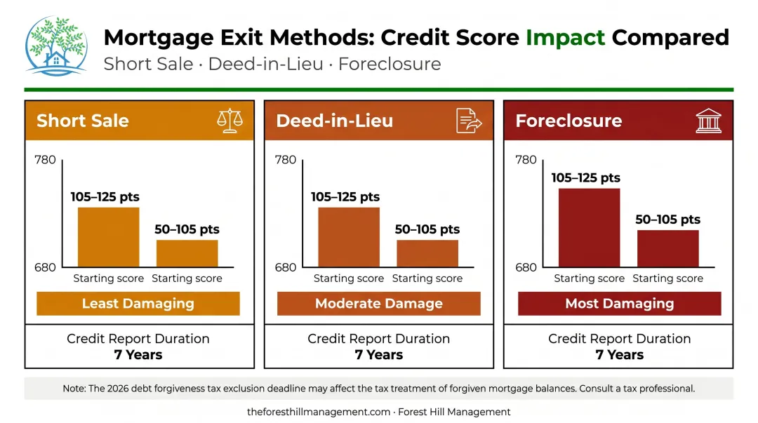 Credit score impact comparison of short sale deed-in-lieu and foreclosure outcomes