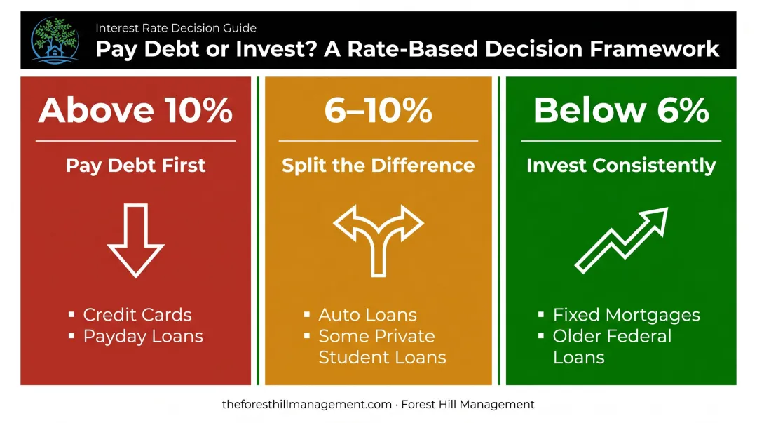 Three-scenario debt versus investing decision framework by interest rate range
