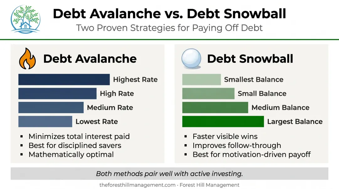 Debt avalanche versus debt snowball method side-by-side comparison infographic
