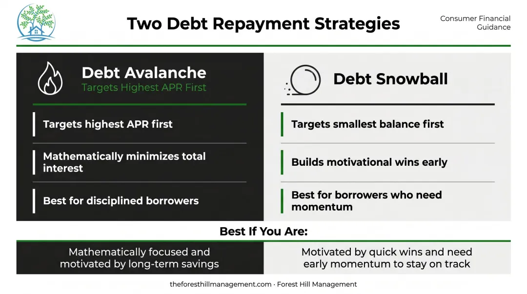Debt avalanche versus debt snowball repayment strategy side-by-side comparison infographic