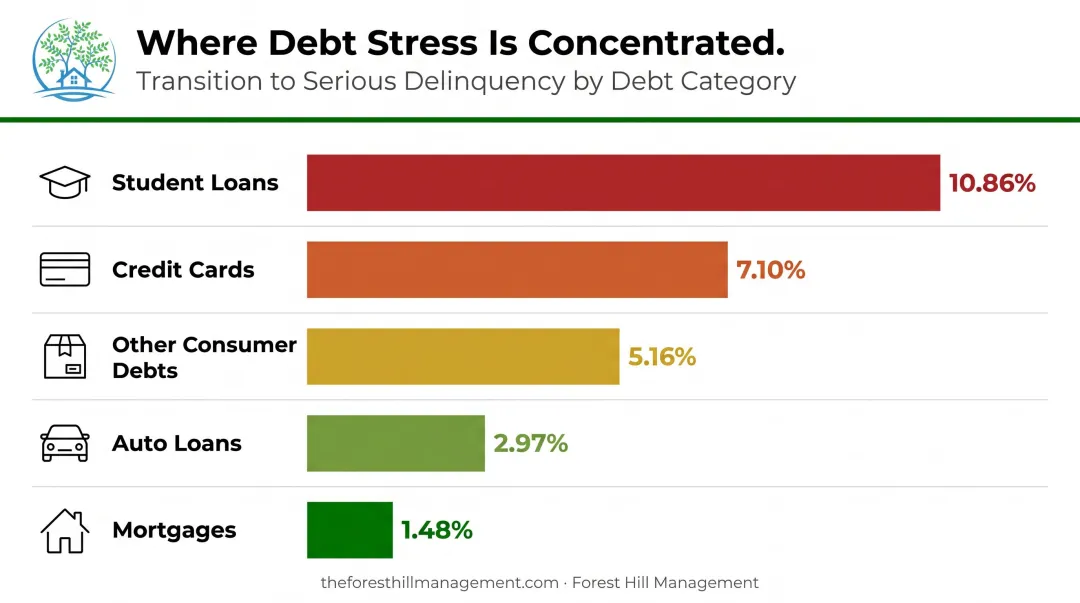 Consumer debt delinquency rates by category ranked from highest to lowest