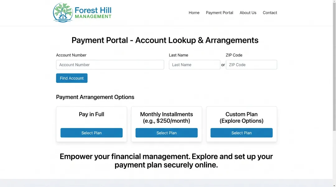 Forest Hill Management online payment portal showing account resolution and payment plan options