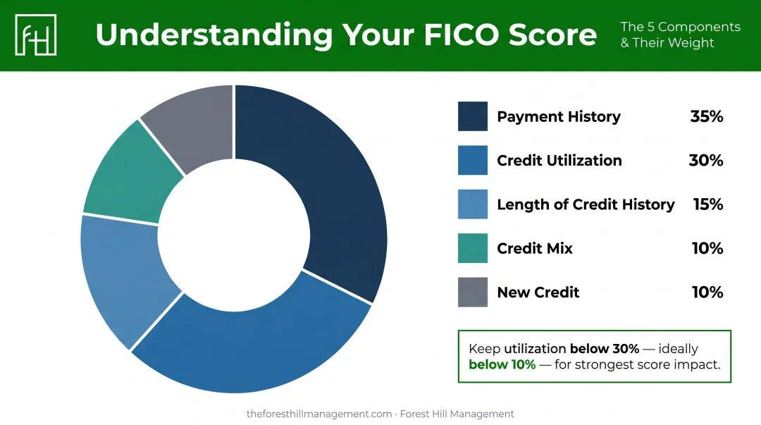 FICO credit score breakdown showing five factor categories and percentage weights