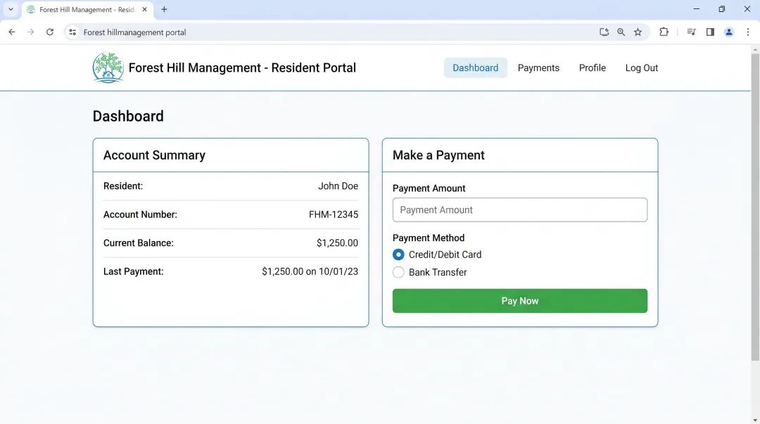 Forest Hill Management online payment portal interface showing account review and payment options