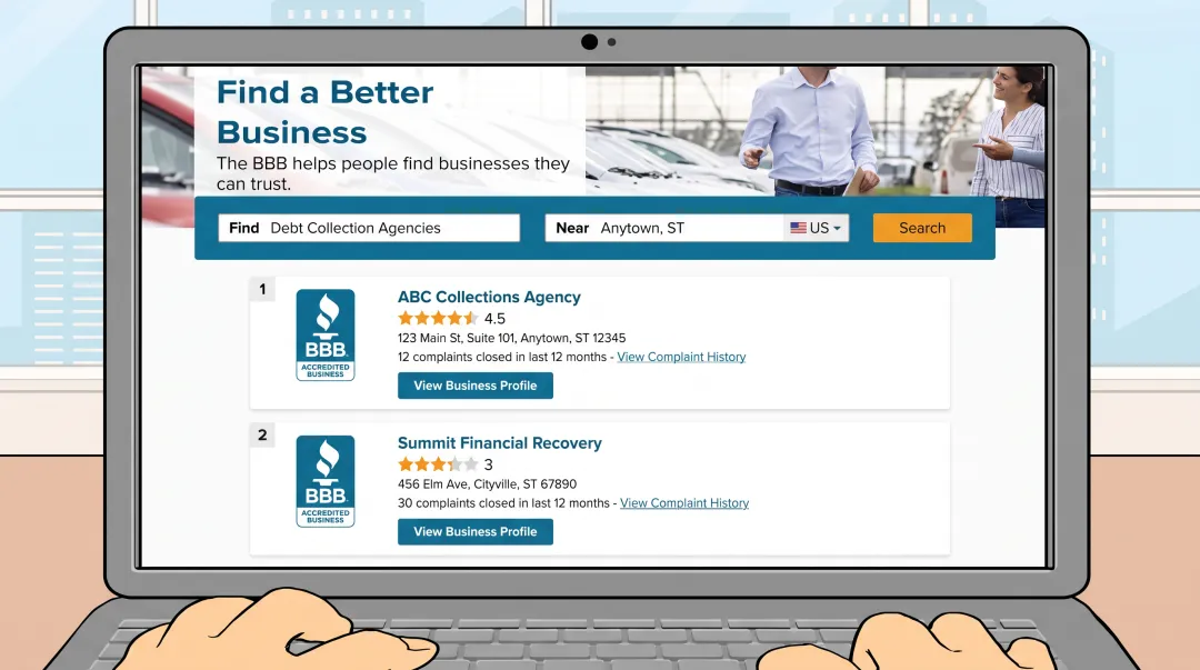 BBB business profile search page for debt collector verification