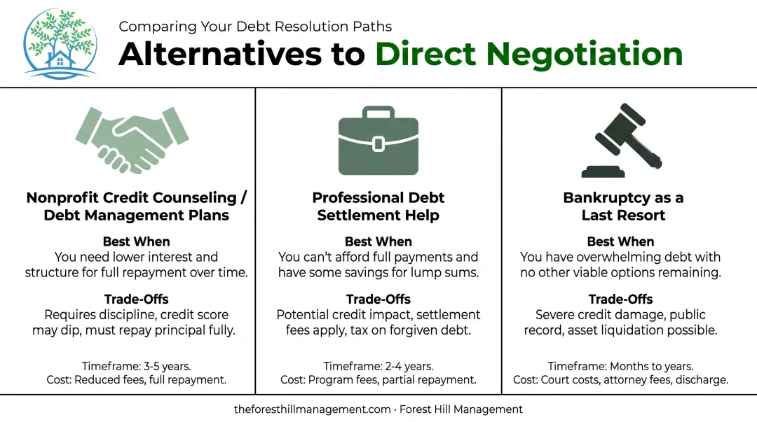 Comparison of three alternatives to direct debt negotiation with collectors