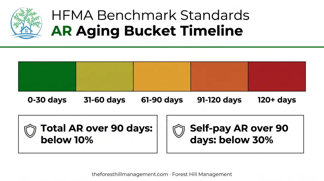 Healthcare AR aging buckets timeline showing 0 to 120-plus day thresholds