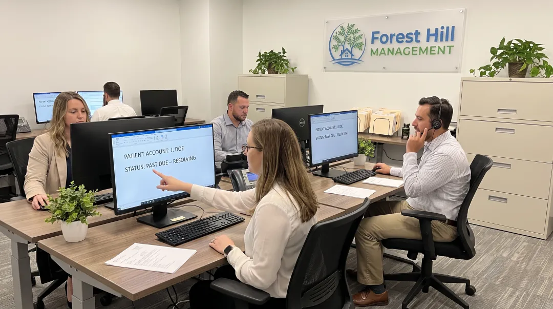 Forest Hill Management receivables specialists reviewing patient account resolution plans