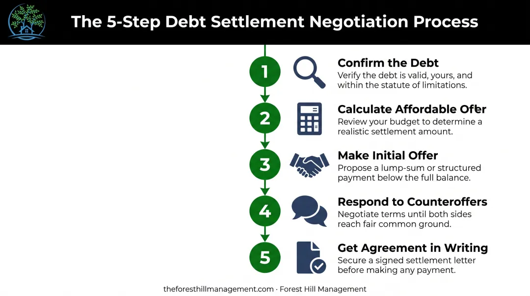 5-step debt settlement negotiation process from validation to written agreement