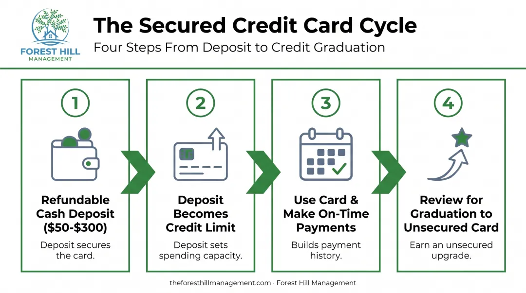 4-step secured credit card process from deposit to graduation