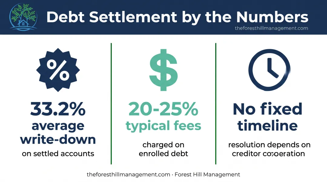 Debt settlement average write-down percentage and fee cost breakdown