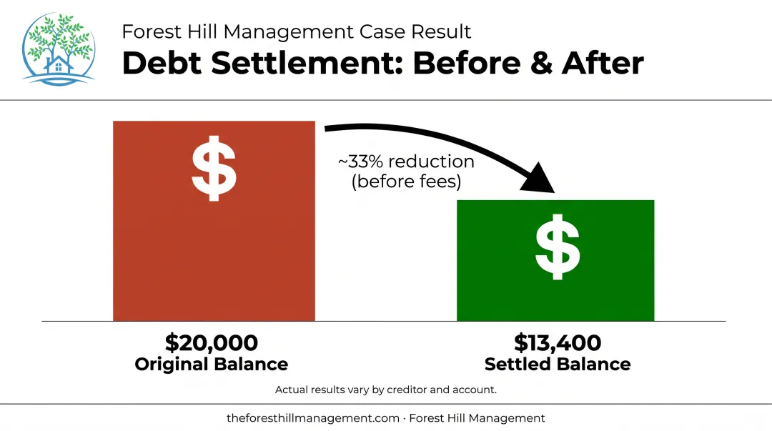 Example debt settlement scenario reducing $20,000 balance to $13,400