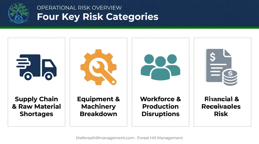Four key manufacturing risk categories overview with icons and labels