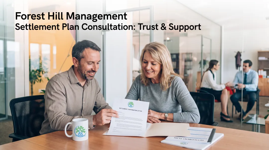 Forest Hill Management representative reviewing auto loan settlement agreement with client