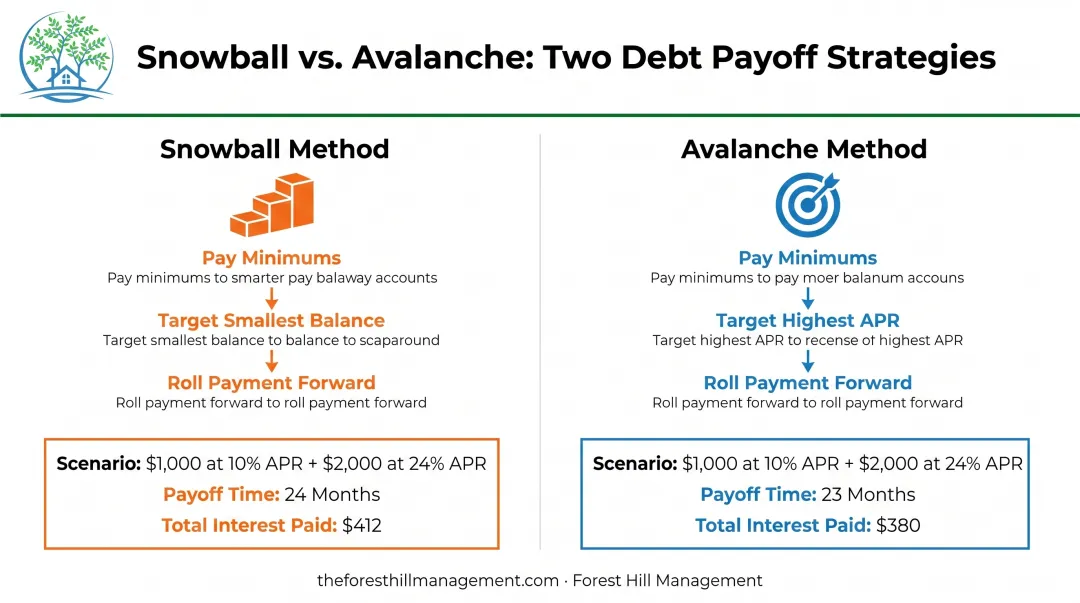 Debt snowball versus avalanche payoff method comparison with payment timeline