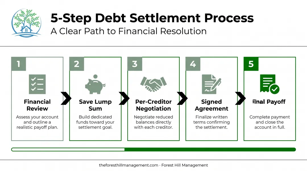 5-step debt settlement negotiation process from financial review to payoff