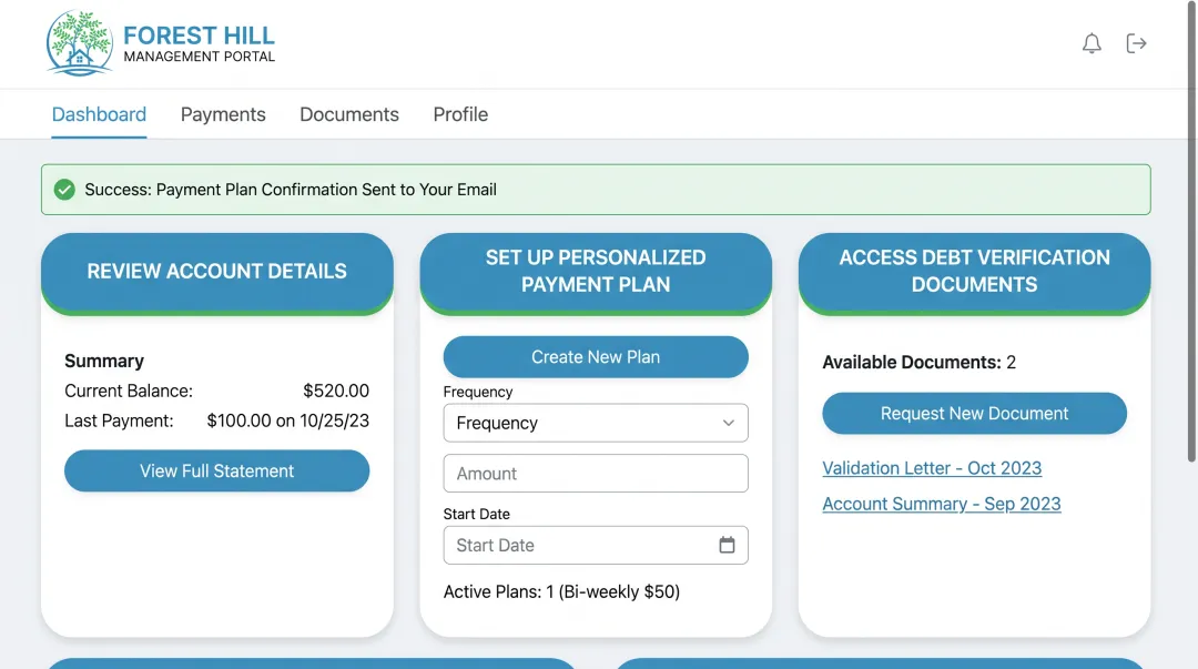 Forest Hill Management online portal displaying payment plan options