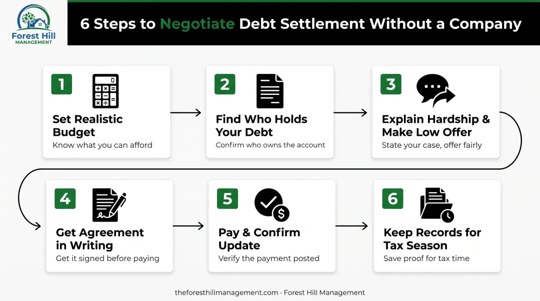 6-step DIY credit card debt negotiation process infographic guide