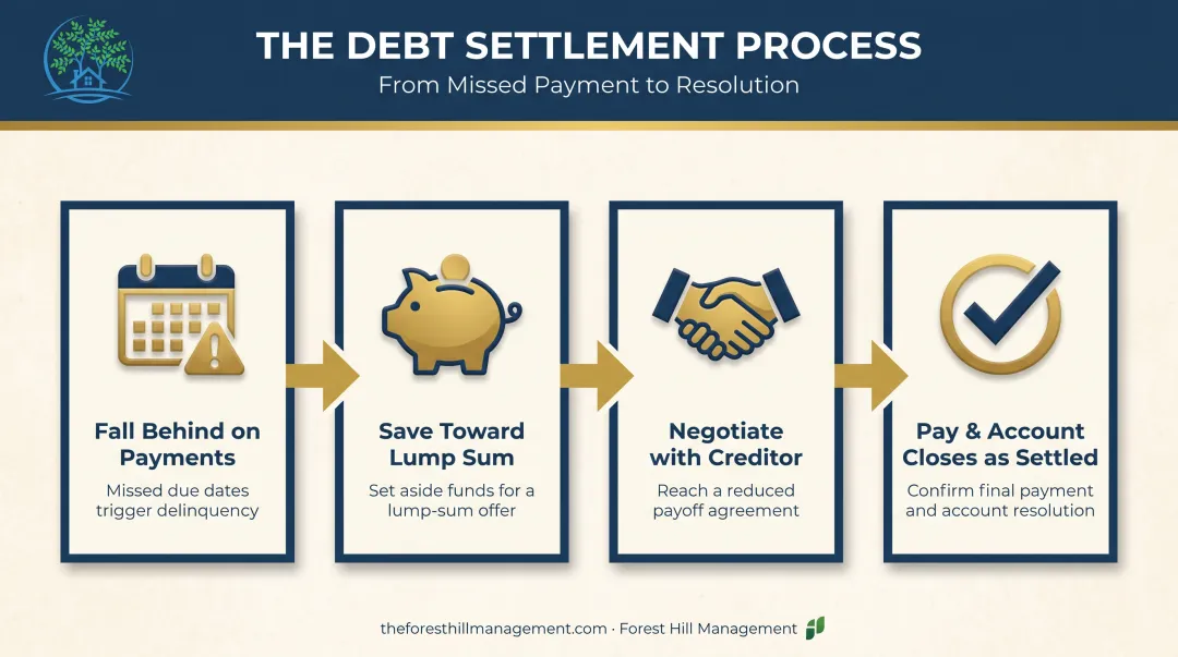 4-step credit card debt settlement process from delinquency to settled account