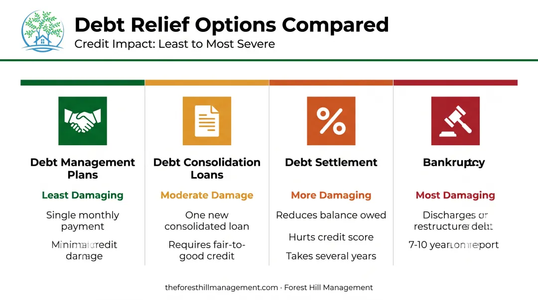 Four types of debt relief programs comparison chart infographic