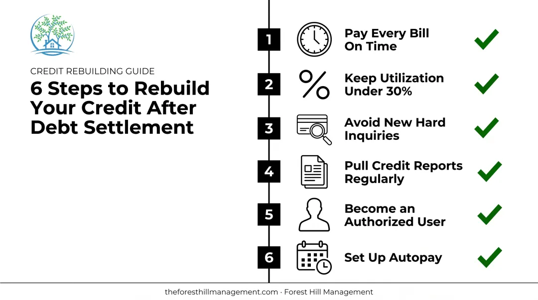 Six-step checklist infographic for rebuilding credit after debt settlement