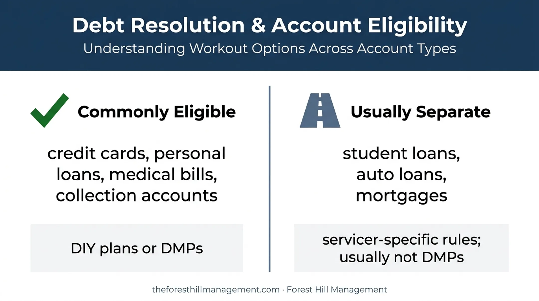 Debt types commonly eligible for repayment plans versus separate rules