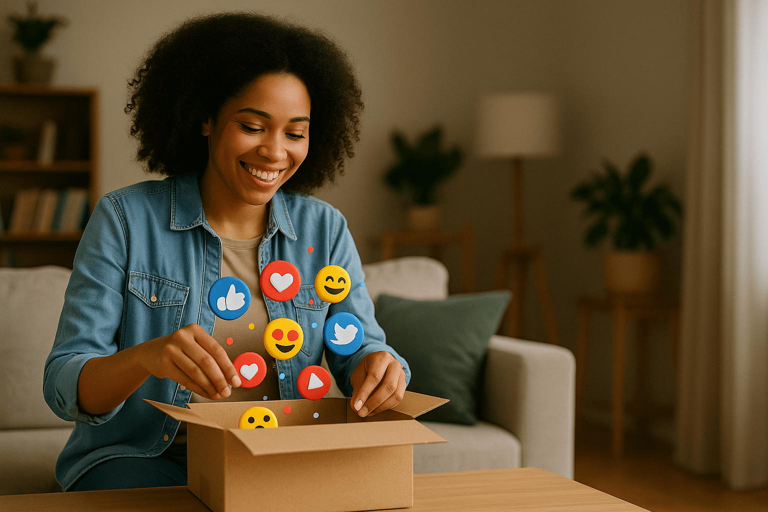 A woman opening a box bursting out of social media emoijis