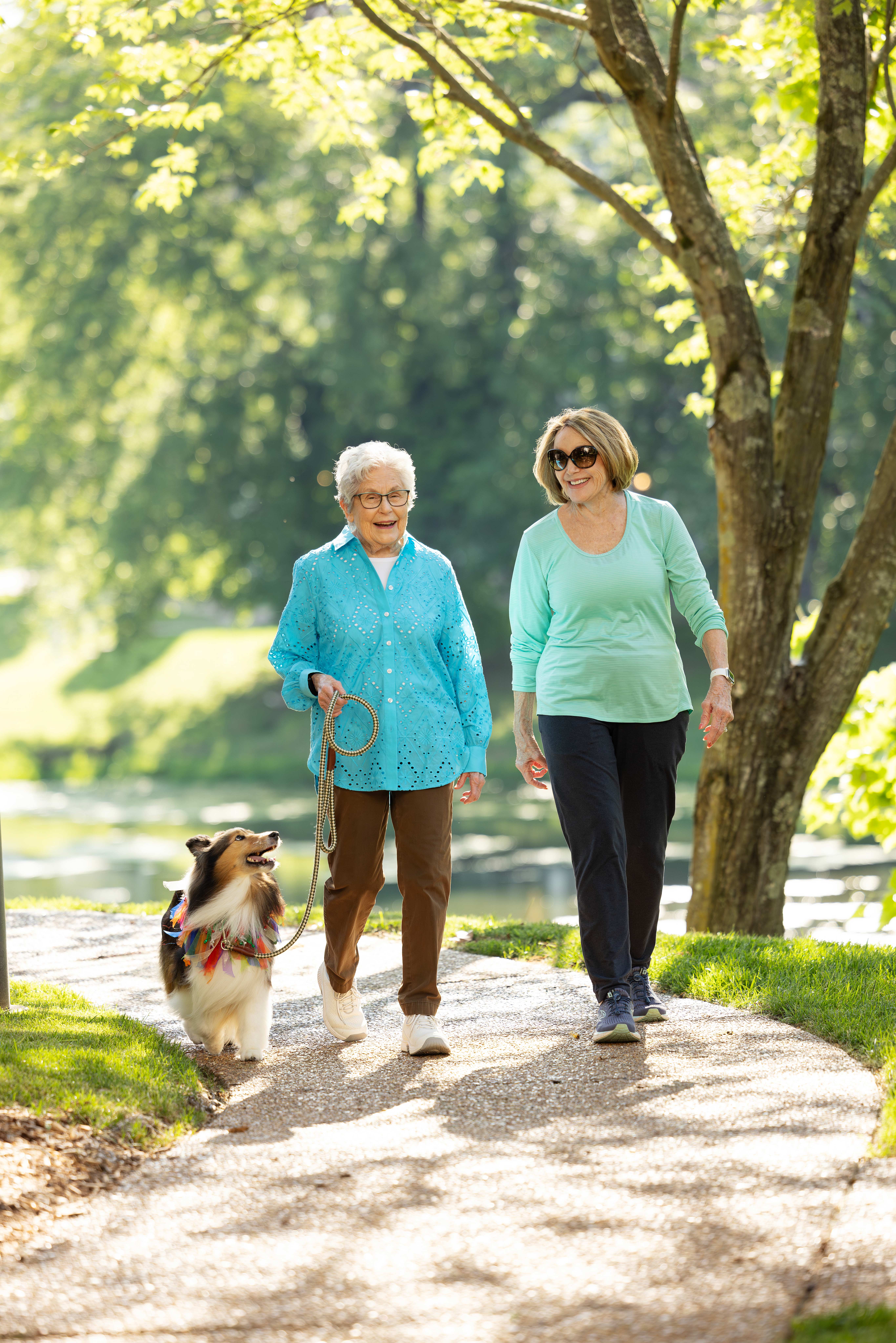 Two women walking a dog on a sunny path, with trees and grass around them.