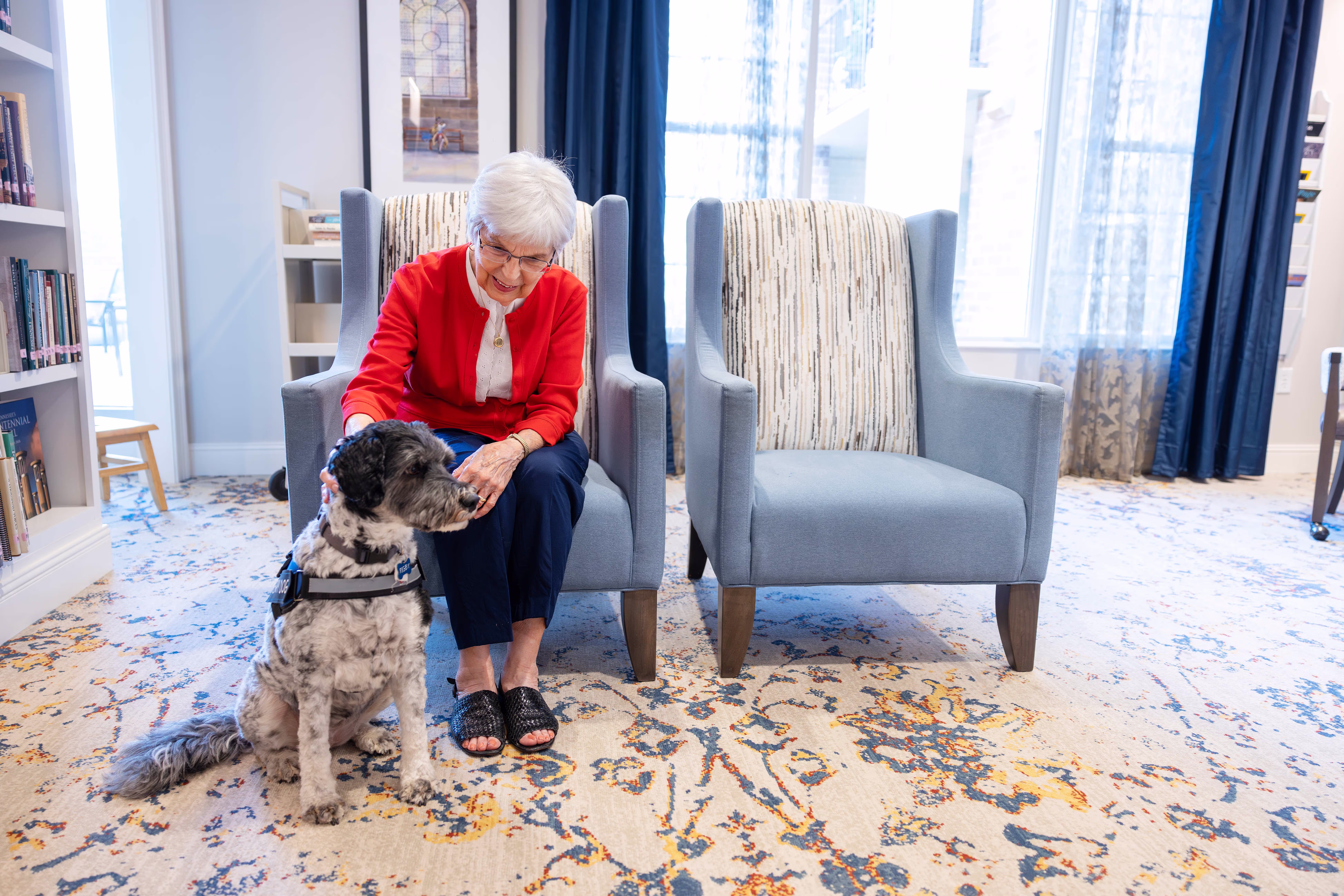 An elderly woman pets a black and white dog sitting beside her in a bright room.