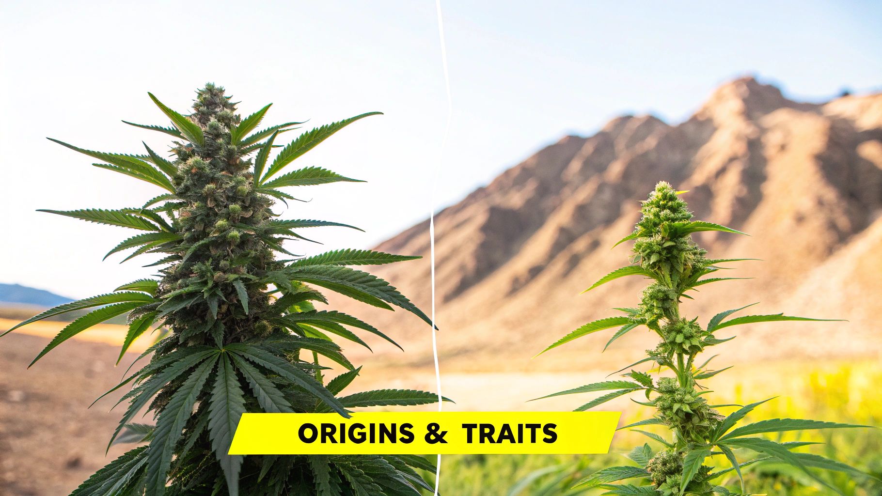Two distinct cannabis plants, likely Indica and Sativa, showcasing their different origins and growth traits.
