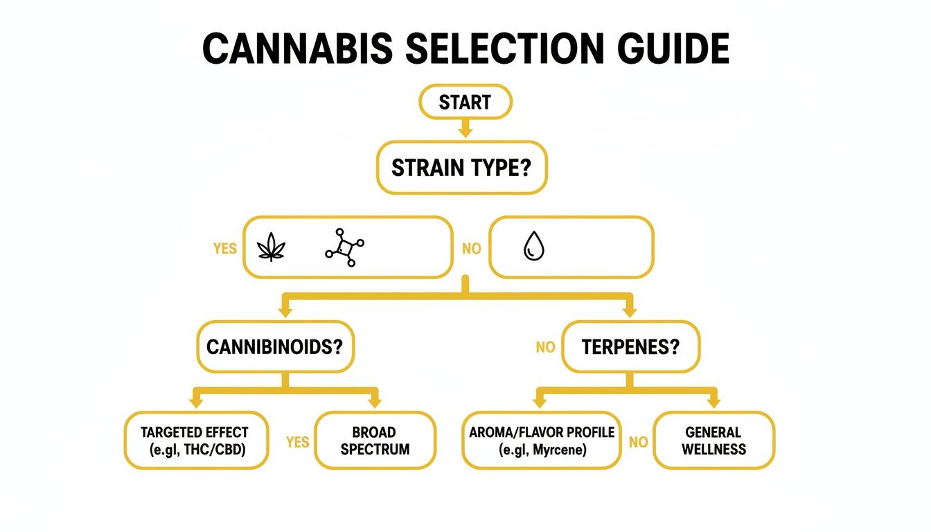 A flowchart illustrating a cannabis selection guide, starting with strain type and branching to cannabinoids or terpenes.