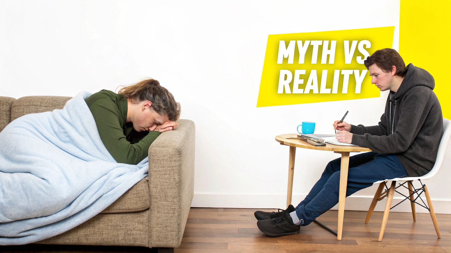 A person resting on a couch under a blanket contrasts with another person studying at a desk, highlighted by a 'Myth vs Reality' graphic.