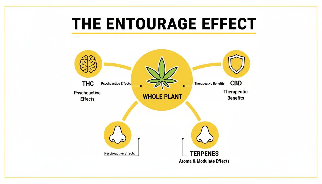 An infographic details the cannabis 'Entourage Effect,' illustrating how THC, CBD, and Terpenes work together.