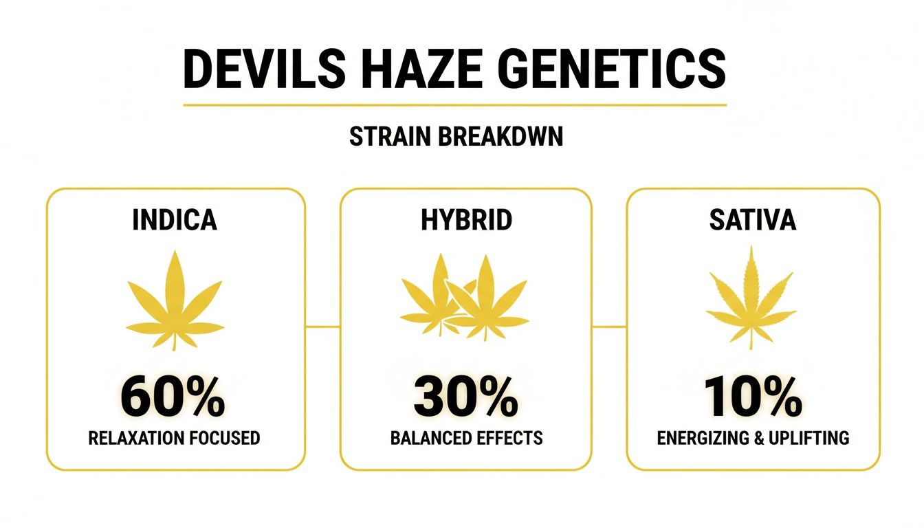 Devils Haze strain genetics breakdown showing 60% Indica, 30% Hybrid, and 10% Sativa effects.