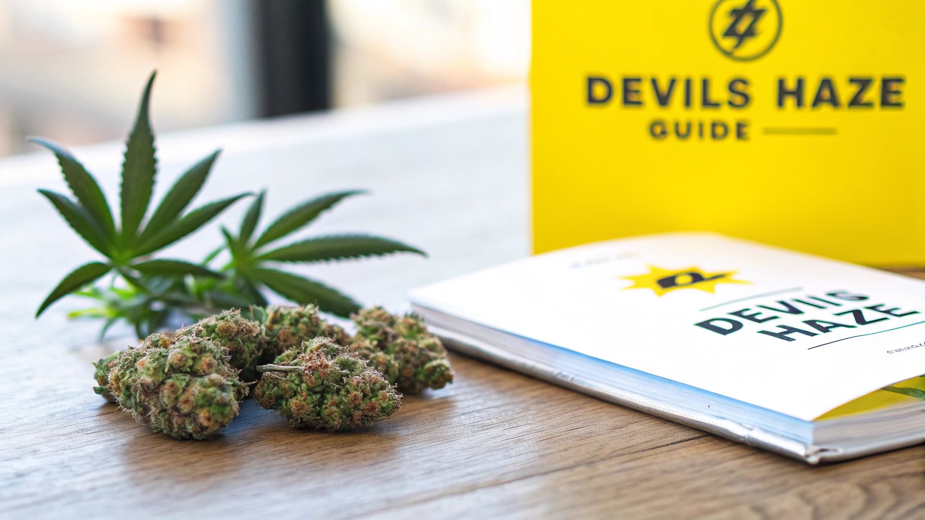 Several green cannabis buds and fresh leaves next to a white book and yellow box with 'DEVILS HAZE' branding.